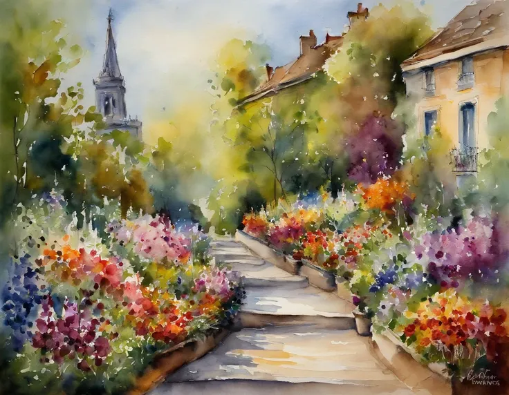 a fantastic flowering garden. estilo de pintura impressionismo obras de Claude Monet, Boulevard Montmartre masterpiece