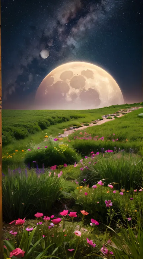 A round of oversized moons，Romantic starry sky，grassy fields，Look up，Rose garden，Romantic aesthetics，photorealestic，hyper HD，Master masterpieces，超高分辨率，Best quality，Award-winning photography