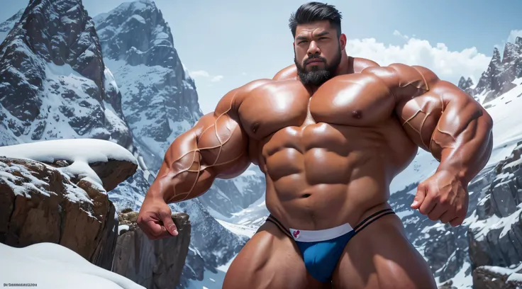 Very handsome，Chinese Zen master，standing in the snowy mountain，short mustache，Wear bright gold thongs，Perfect figure with tattoos, Very huge and strong body, Bulging muscles, musculous, Very large pectoral muscles，Very sexy abs，The legs are muscular，Tall ...