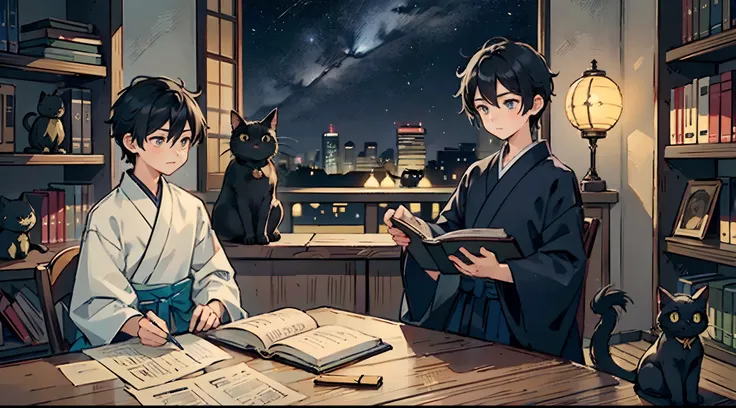 #Quality (intricate-detail、ultra-detailliert:1.2,cinematic shot),
#night landscape (navy blue night sky),
#one writing boy (16 male、writer,Honor Students、A dark-haired、short-hair、hakama,sit flat),
#dark room (only one candle,books on desk,pretty tatami,a l...