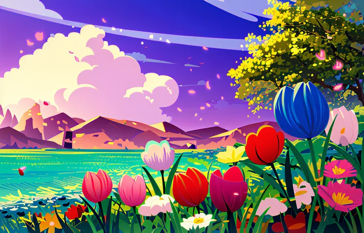 There is a picture of a beautiful spring scene with flowers, Fundo bonito da paisagem, paisagem brilhante, campo de fundo das flores, a beautiful artwork illustration, uma bela paisagem, bela paisagem, Fundo do dia ensolarado, paisagem ensolarada, 4 k hd w...