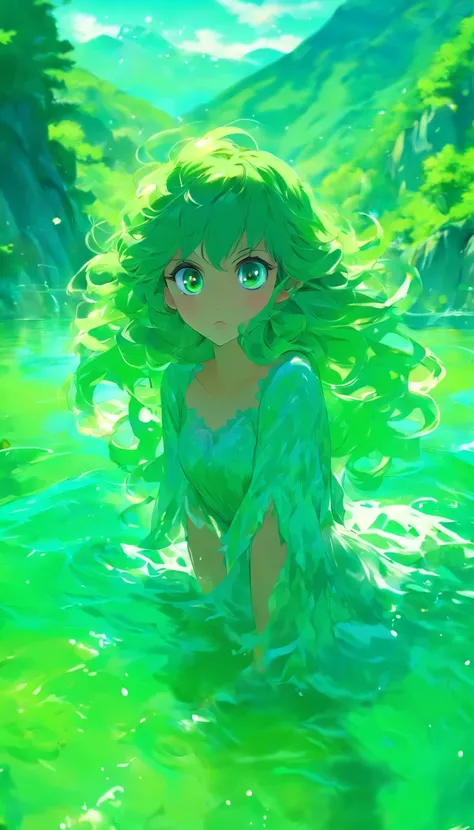 Costume, Long hair, Girl, Big eyes, Green Mountains and Green Water,