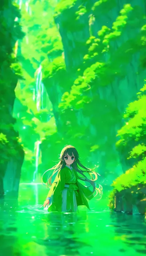 Costume, Long hair, Girl, Big eyes, Green Mountains and Green Water,