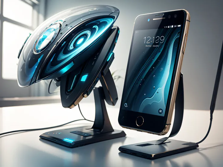 futuristic smartphone placed on the desk, best quality, masterpiece