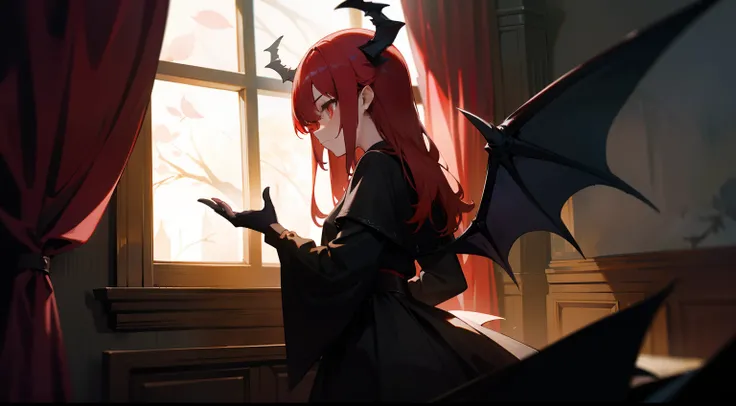 one-girl，black-clad，Red-haired demon，There is a pair of dragon wings on the back，There is a pair of dragon horns on the head，Touch the curtains of the window，Stand in the small attic of the bell tower，Bedrooms，blossoms，the night，It was pitch black，Western ...