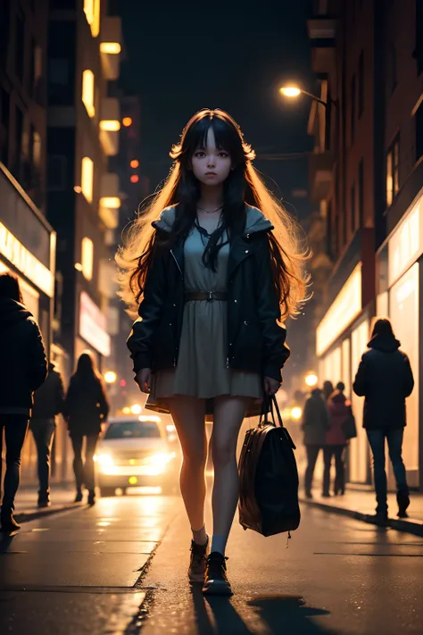 In the evening, The lights are on, the street, trafic, crowd of, Long-haired girl walking alone