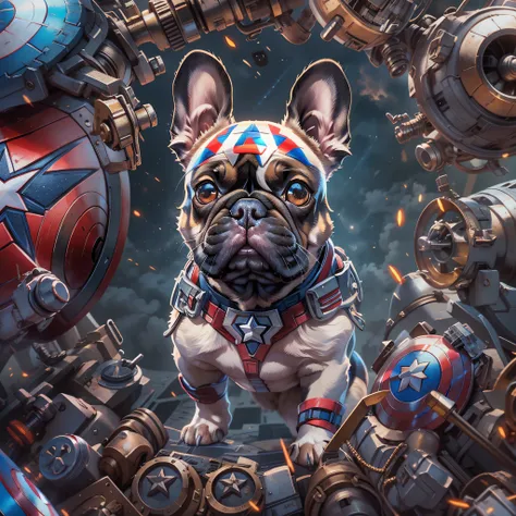 french bulldog, (marvel captain america), klaren mecha-planetenhintergrund, stereoskopischer effekt, 3d-gerendert, (beste illust...