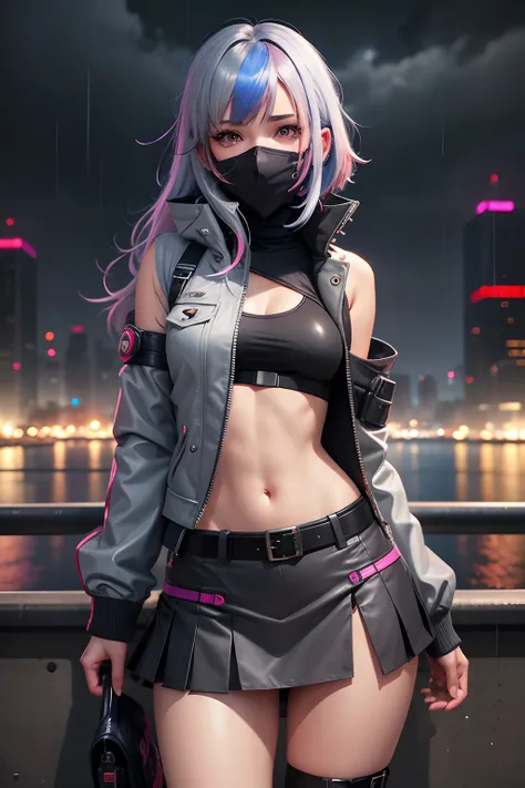 schoolgirl, Beautiful face, Asymmetrical hair, Multi-colored hair, belt, tightsuit, covered mouth, covered navel, Detached sleeves, With gray eyes, hip vent, Open jacket, Cute, view the viewer, Night City, neonlight, Rainy,14岁