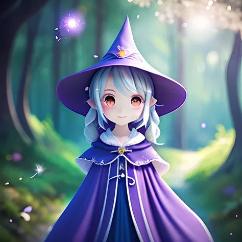 Young and cute anime-style witch girl, Adorned with a pointed hat and flowing cloak. She holds a magic wand that emits a soft glow. The scene is、Set in a mysterious forest with twinkling fireflies. Medium: Digital Art, Style: Inspired by popular animated s...