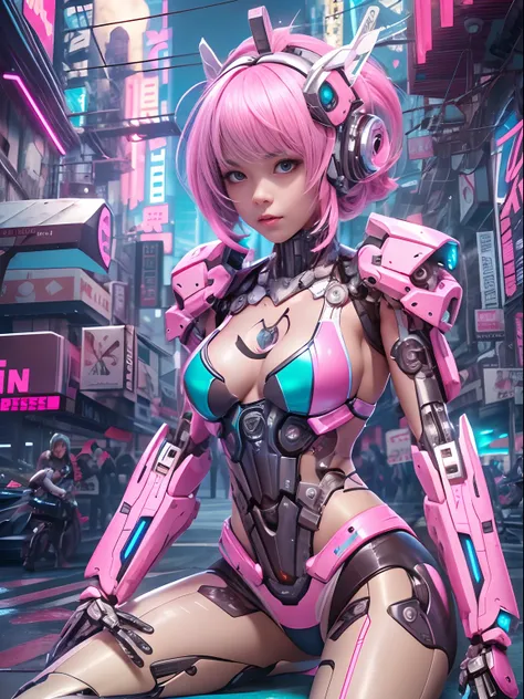 masterpiece, hightquality, hight resolution, high textured, 8K, HighDynamicRange, Robot girl in bikini costume, medium breasts, Pink transparent tights, mechs, medium cyan hair, bangs, Mechanical prosthetics, mechanical legs, dishevled hair, Detailed skin,...