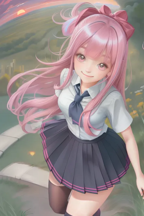 1girll, Solo, Long hair, Skirt, ribbon, sky, Cloud, Sunset, Pink hair, kneehighs, school uniform, Outdoors, Pleated skirt, sweeping bangs, standing, Dutch angle, view the viewer, Very long hair, Smile