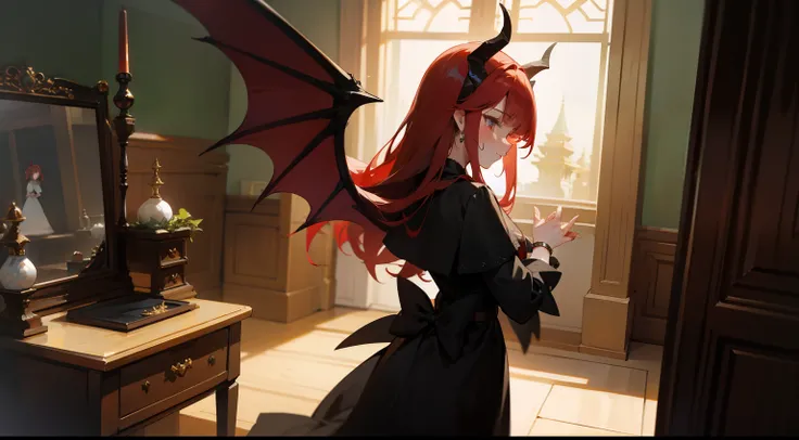 one-girl，black-clad，Red-haired demon，There is a pair of dragon wings on the back，There is a pair of dragon horns on the head，There is a dresser next to it，There are a lot of jewelry pieces on it，vanity table，There are a lot of jewelry pieces on it，vanity t...