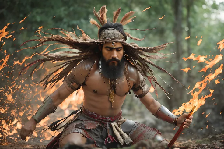 Theres a man with dreads and a beard sitting in the woods, imagem de um guerreiro masculino adulto, ainda de um filme de fantasia, Indian warrior, man holding spear, 3 d render of a shaman, foto de retrato, xamanismo, homem guerreiro, guerreiro poderoso, d...