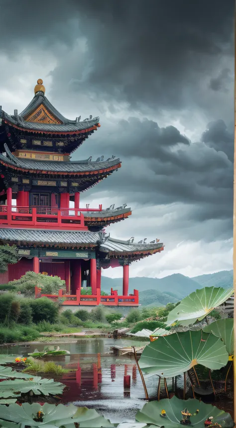 violent storm，dark stormy clouds，snow mountains，Chinese architecture，Water，Lotus，High detail，lightand shade contrast，hyper HD，tmasterpiece，winning artwork，Best quality at best，A high resolution，16k