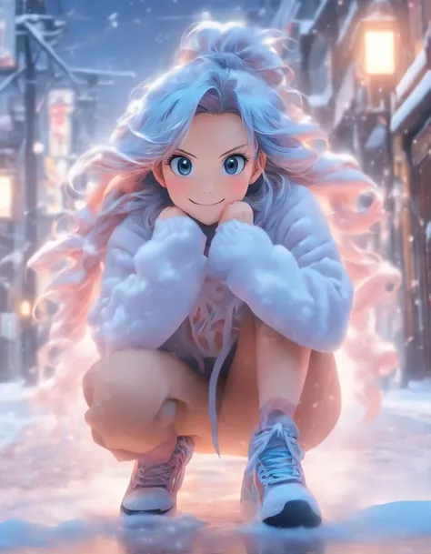 中景 the scene is，super-fine，Genki girl，Full body like，adolable，Sitting cross-legged on the street，ssmile，long whitr hair，sweatshirts，denim pant，athletic sneakers，Heavy snow in winter，The hair is meticulously depicted，The eyes are meticulously depicted， high...