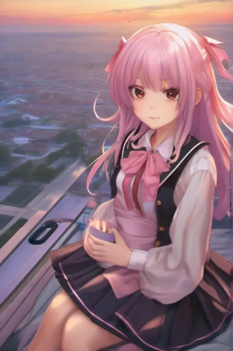 1girll, Solo, Long hair, Skirt, ribbon, sky, Cloud, Sunset, Pink hair, kneehighs, school uniform, Outdoors, Pleated skirt, sweeping bangs, standing, Dutch angle, view the viewer, Very long hair, Smile