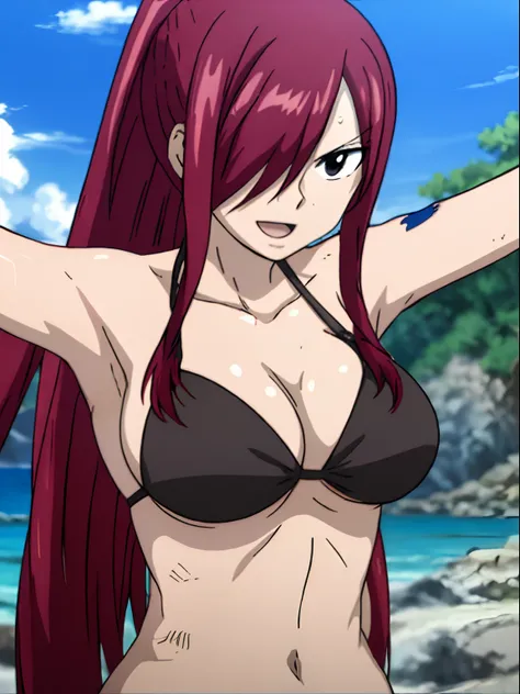 masterpiece, anime style, beach, best quality, highres, fairy tail, 1girl, long hair, ponytail, reddish hair, (bang cover one eye, one hidden eye, brown eye), large breasts, collarbone, midriff, black bikini, standing, outdoors, smile, open mouth, emo hair...