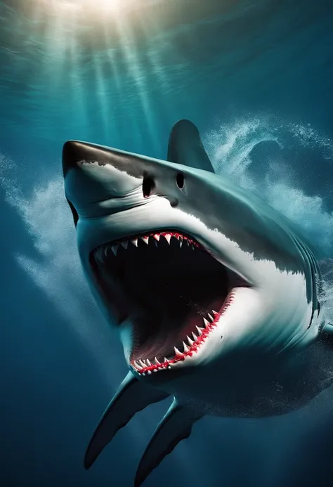 An intense and exciting scene of a huge Megalodon shark fiercely.