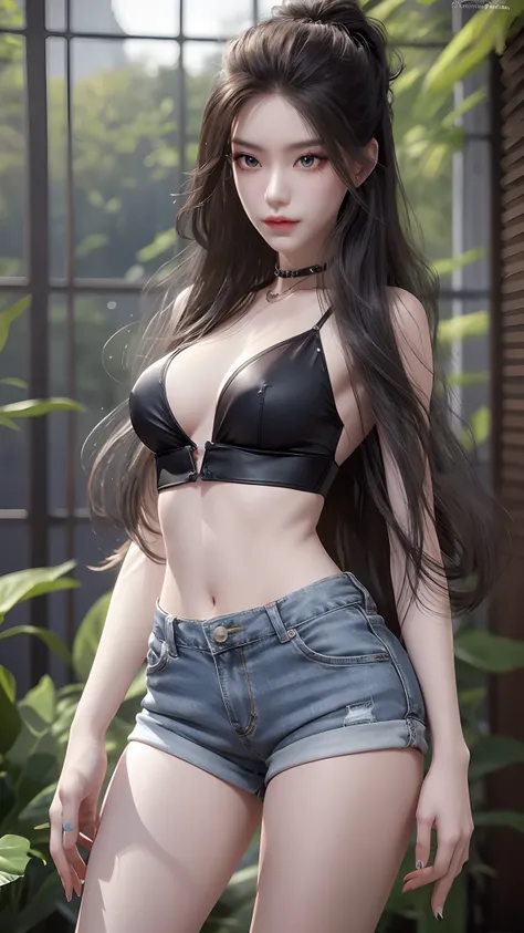 ((medium breast, tomboy girls, small head)), daylight, sunlight, (chiseled abs : 1.1), (perfect body : 1.1), (short wavy hair : 1.2) , auburn hair, collar, chain, full body shot, crowded street, wearing black tanktop, jeans jacket, ((shorts)), (extremely d...