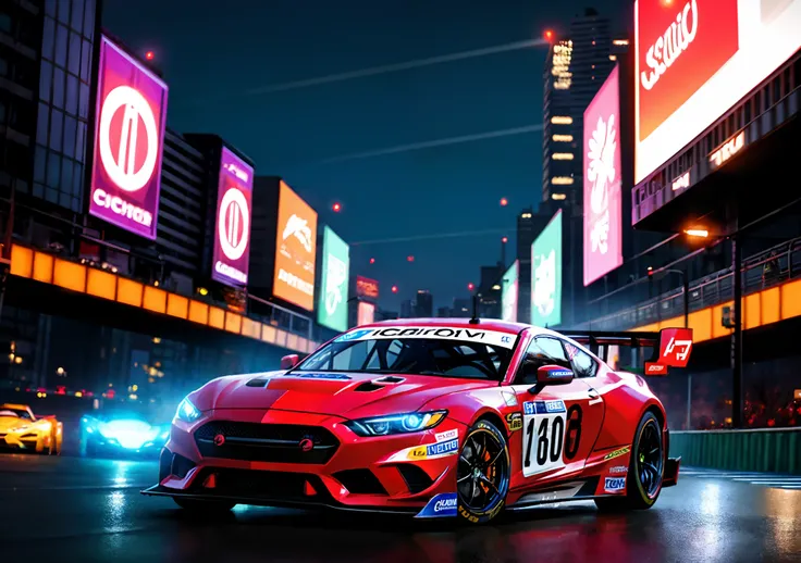 best quality,ultra-detailed,realistic,wolf girl with captivating eyes and lips,super sleek and futuristic racing car,glowing neon lights,fast and dynamic motion,chrome accents,shiny metallic finish,high-performance tires,aggressive stance,city skyline in t...