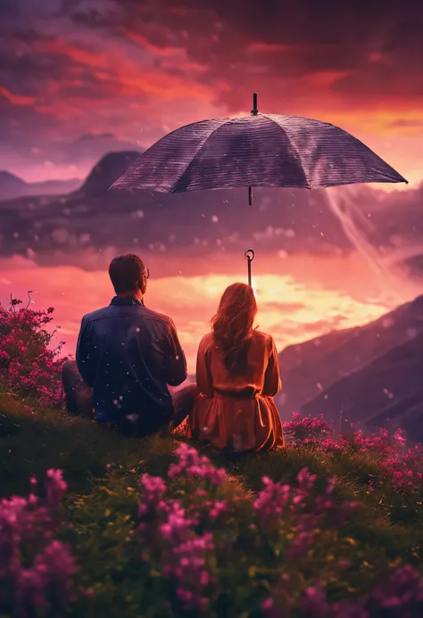 sunset mountain soft rain couple in love watching