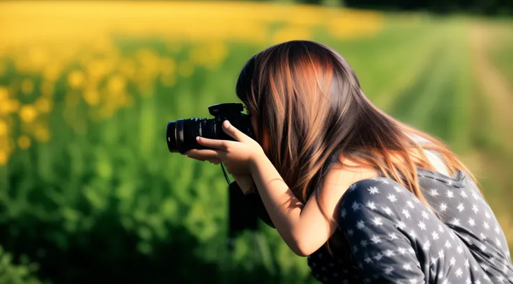 Arafed woman taking a picture of a field with a camera, phtograph, fotografia feminina, Grafia, Fotografia, Foto DSLR, Fotografia DSLR, fotografia], fotografia de alta qualidade, Foto DSLR de uma menina adolescente bonita, DSLR Fotograpy, fotografia ), Tir...