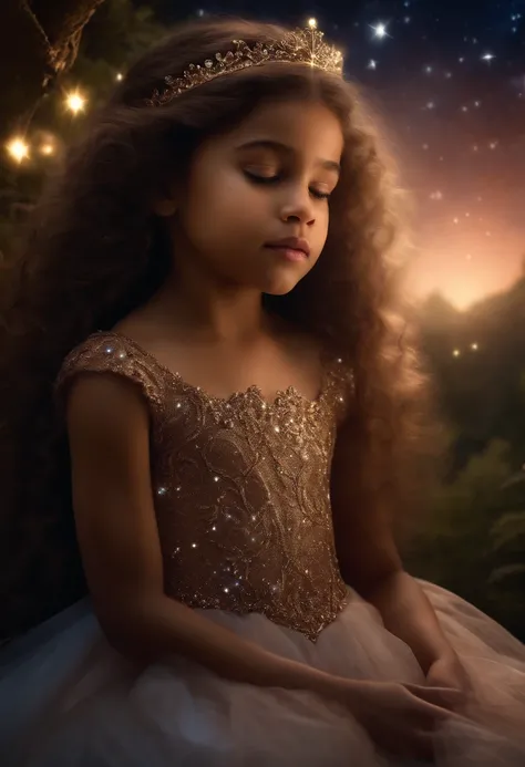 Child princess with light brown skin looking at the starry sky where she has a big star with princess dress in an enchanted forest at night, ultra realismo, pele moren