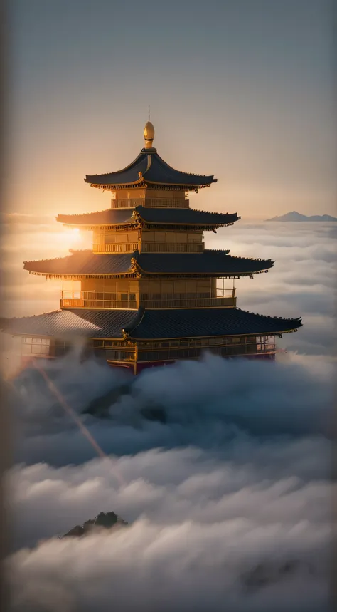 The sun has not yet risen，Rizhao Jinshan，Temple Golden Dome，Layers of mountains，In the clouds and fog，High detail，lightand shade contrast，hyper HD，tmasterpiece，winning artwork，Best quality at best，A high resolution，16k