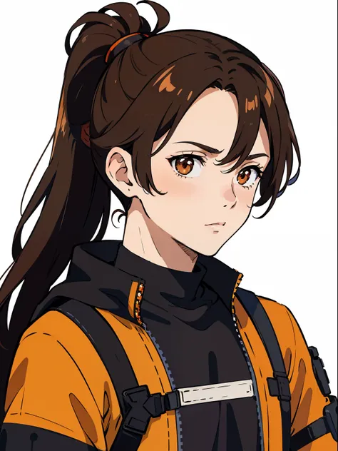 Anime character, Brown hair, brown eyes, male teen, ((front face)) orange and Black gi, white background, ponytail hair