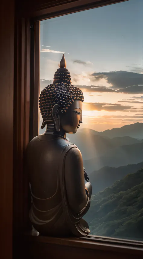 The sun has not yet risen，Rizhao Jinshan，Statue of Buddha，The light from the back window is backlighted，Layers of mountains，In the clouds，High detail，lightand shade contrast，hyper HD，tmasterpiece，winning artwork，Best quality at best，A high resolution，16k