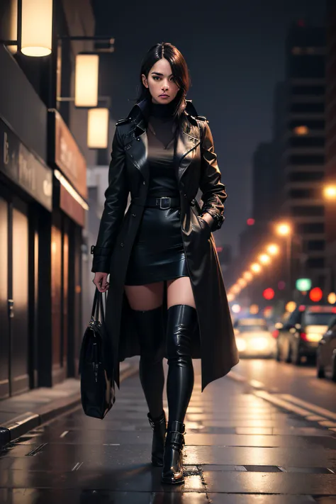 26 year old，a black trench coat，Walk down the street alone，Raised sexy，Look into the distance，Female pervert，Large wide-angle lens，Cold，Solitude，Height 170 cm，the night，8k super realistic，