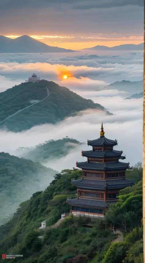 The sun has not yet risen，Rizhao Jinshan，Statue of Buddha，Auspicious clouds，Layers of mountains，In the clouds，High detail，lightand shade contrast，hyper HD，tmasterpiece，winning artwork，Best quality at best，A high resolution，16k