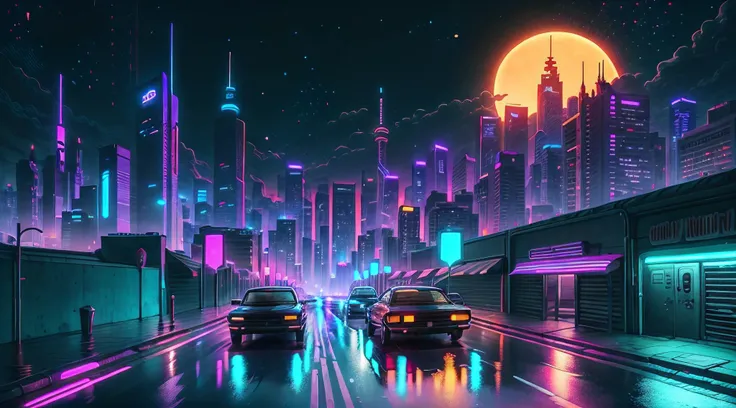 retrowave. city, car, road, purple neon lights, sun, mountain, (masterpiece,detailed,highres),