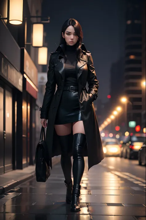 26 year old，a black trench coat，Walk down the street alone，Raised sexy，Look into the distance，female pervert，Large wide-angle lens，Cold，Solitude，Height 170 cm，the night，8k super realistic，Real women，