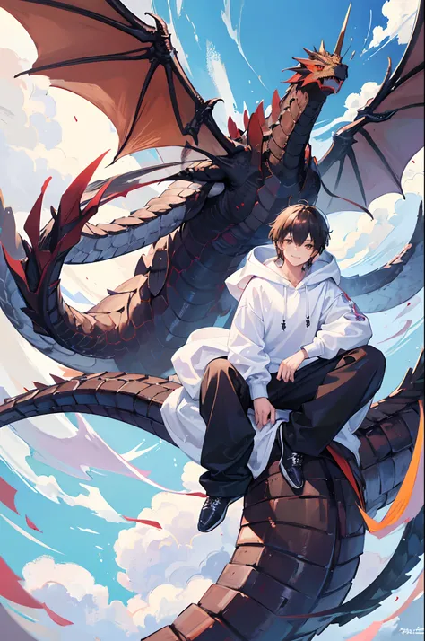 1 Handsome boy sitting on 1 huge flying dragon, huge wings, huge tail, huge legs, white hoodie black denim pant, beautiful sky, Smiling face, Brown eyes, flying with dragon, clouds, 4k, ultra High Resolution