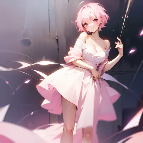 Light pink earless short hair，Pink eyes，The hair is somewhat messy，leaning down，white off shoulder dress clothes，One hand on the waist，tilts your head，Smiled，In the courtyard