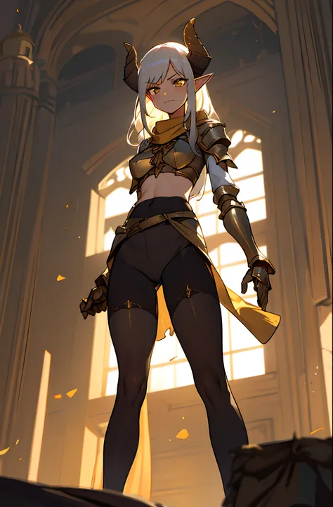 girl, tall,brown skin, hidden arms,long hair, white hair, detailed pretty eyes, yellow eyes,angry face, evil smile, medium boobs, white small shirt, mid waist, ripped abdomen, medium thighs, small gold armor outfit, long black stockings, detailed clothes, ...