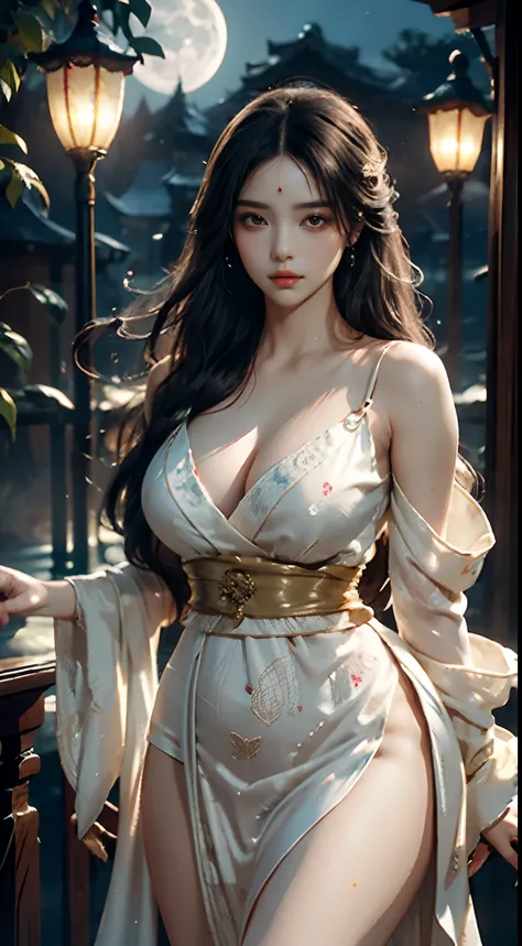 The art depicts a charming woman dressed in a flowing, silky traditional oriental dress decorated with intricate patterns and bright colors. Her dress drapes elegantly over her curvy figure, accentuating her seductive silhouette. She stood gracefully in th...