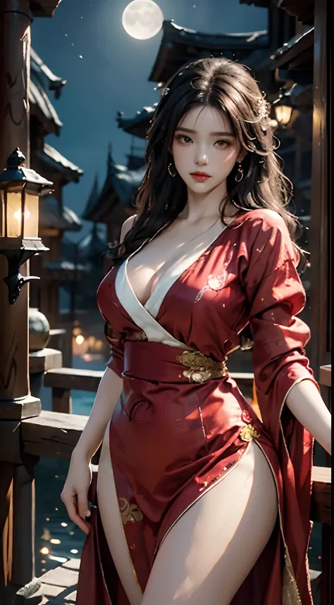 The art depicts a charming woman dressed in a flowing, silky traditional oriental dress decorated with intricate patterns and bright colors. Her dress drapes elegantly over her curvy figure, accentuating her seductive silhouette. She stood gracefully in th...