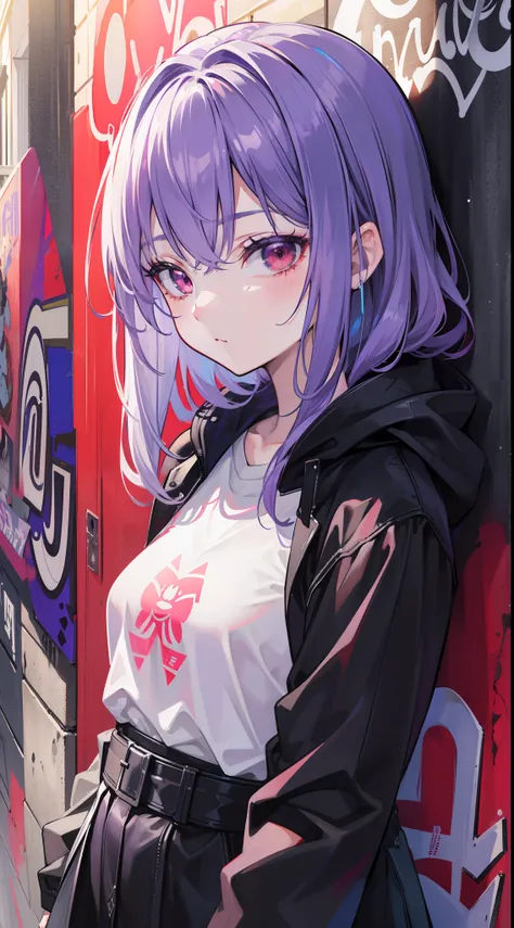 (best quality,highres:1.2),photorealistic,portrait,medium:illustration,girl,grayish-purple bangs,red eyes,playful,graffiti-covered walls,vibrant colors,creative lighting