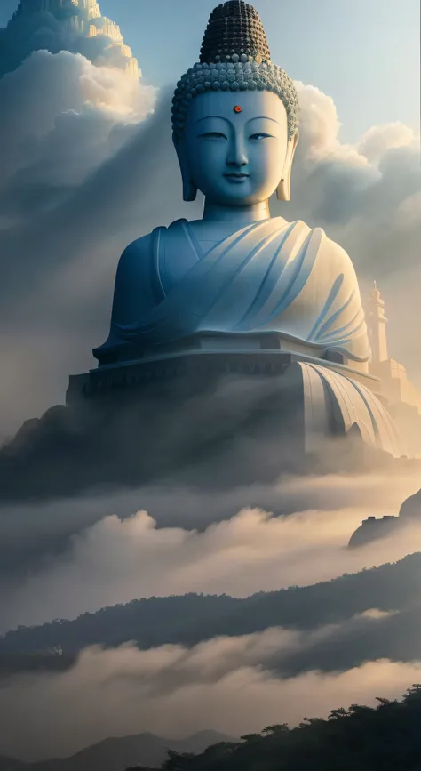 The sun has not yet risen，Rizhao Jinshan，Spirit Mountain，nimbus，White stone Buddha statue，Auspicious clouds，Layers of mountains，In the clouds，High detail，lightand shade contrast，hyper HD，tmasterpiece，winning artwork，Best quality at best，A high resolution，1...