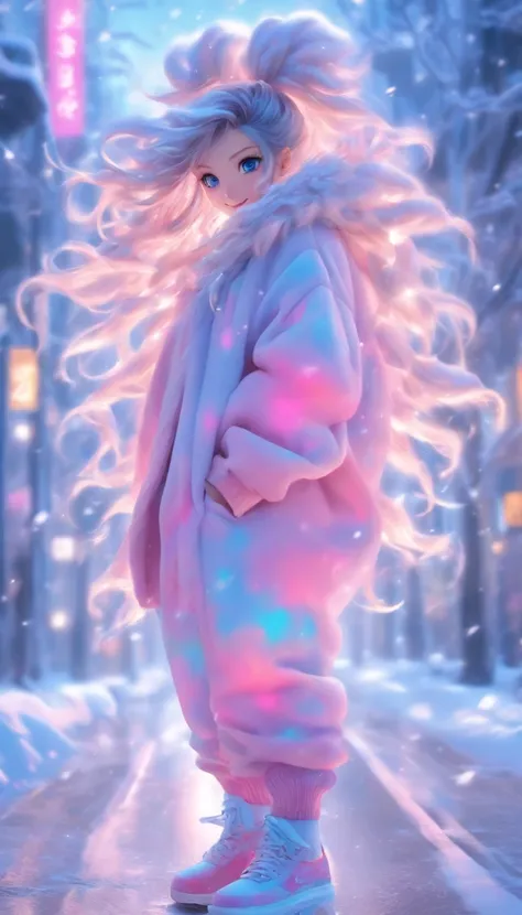 中景 the scene is，super-fine，Genki girl，Full body like，adolable，Walk around the street，ssmile，long whitr hair，Long pink sweater，denim pant，athletic sneakers，Heavy snow in winter，The hair is meticulously depicted，The eyes are meticulously depicted， highly det...