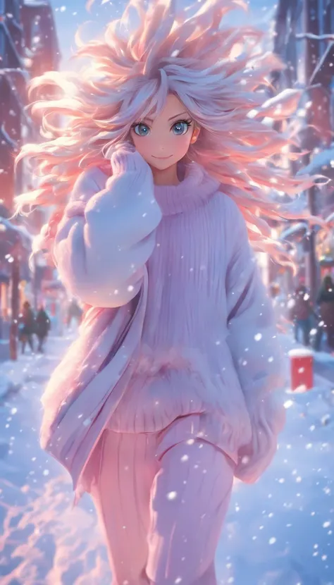 中景 the scene is，super-fine，Genki girl，Full body like，adolable，Walk around the street，ssmile，long whitr hair，Long pink sweater，denim pant，athletic sneakers，Heavy snow in winter，The hair is meticulously depicted，The eyes are meticulously depicted， highly det...