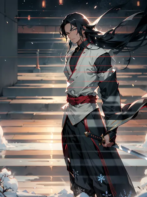 A young man with long hair, half-black and half-white long hair, sharp eyes, a confident expression, a heroic countenance, he wears a flowing two-piece martial arts-style robe, matching loose trousers, holding a slender sword in his left hand, the night sk...