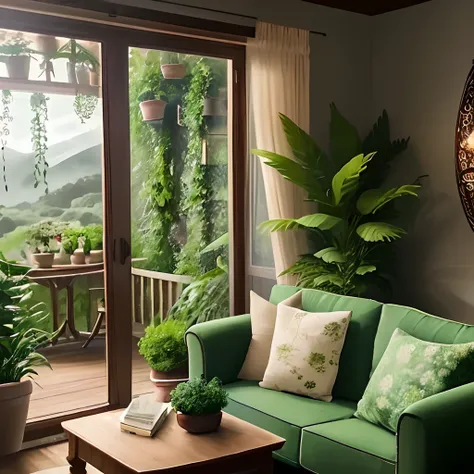 a close up of a living room with a couch and a table, with flowers and plants, cozy place, lush and green, lush plants and flowers, cozy and peaceful atmosphere, dense with greenery, room full of plants, lush chic garden, nature and floral aesthetics, lush...