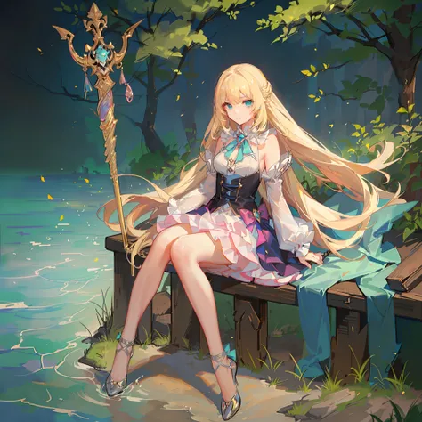 Long blonde hair，Turquoise eyes，Pink magical girl dress，Magic wand，Magic，Shyly pressed her own upturned skirt with her hand