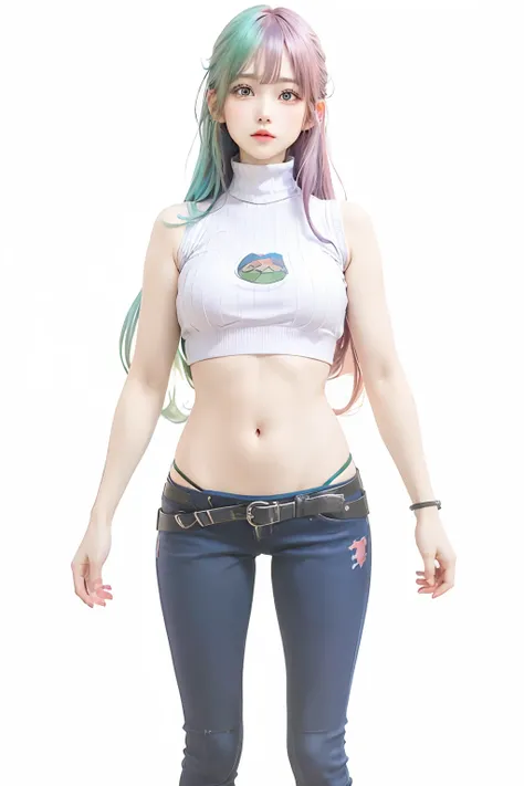 1girl, anime style, pretties, cutest, beautiful girl, (long hair with red and blue), green eyes, (wearing a shirt with sleeveless & turtle neck), purple jacket, crop top, realistic, ultra detail, 8k, 70mm lens,