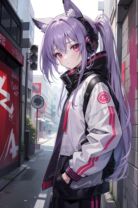 4k画质，Highest high resolution，Gray-purple bangs，Red eyes，Girl，Graffiti walls，big headphone，wide wide shot，street corner