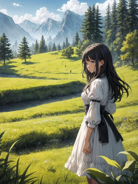 In a green meadow stands a girl leading a group of knights.
BREAK
With a brave expression, she guides them towards their destination.
BREAK
Behind her, a green forest stretches out and beyond that, mountains rise in the distance.
BREAK
The most suitable ef...