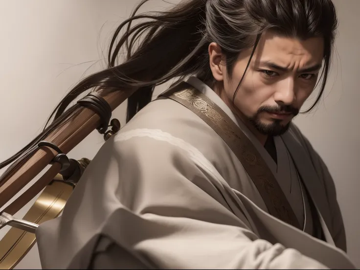 Neste retrato cativante, Miyamoto Musashi, The legendary Japanese swordsman and philosopher, He gets an air of stoic determination. Seu traje reflete a roupa tradicional de um samurai, as his hands rest confidently on the hilt of his katana. Musashis pierc...